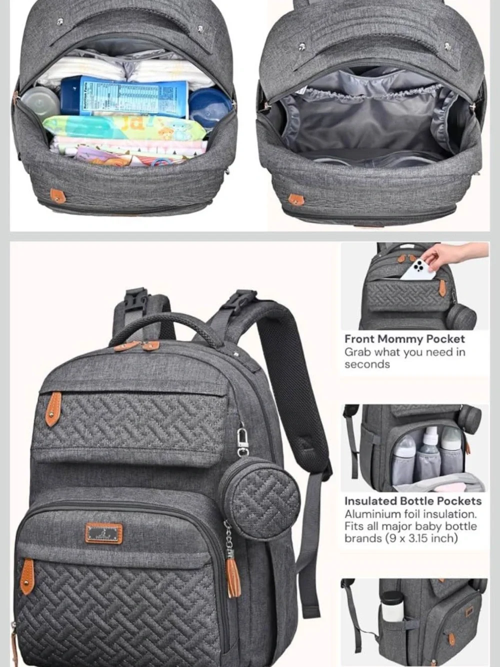 Gray Quilted diaper bag and changing pad